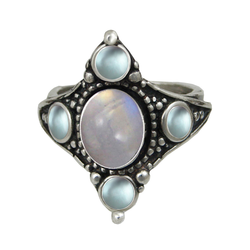 Sterling Silver Renaissance Queen's Ring With Rainbow Moonstone And Blue Topaz Size 10